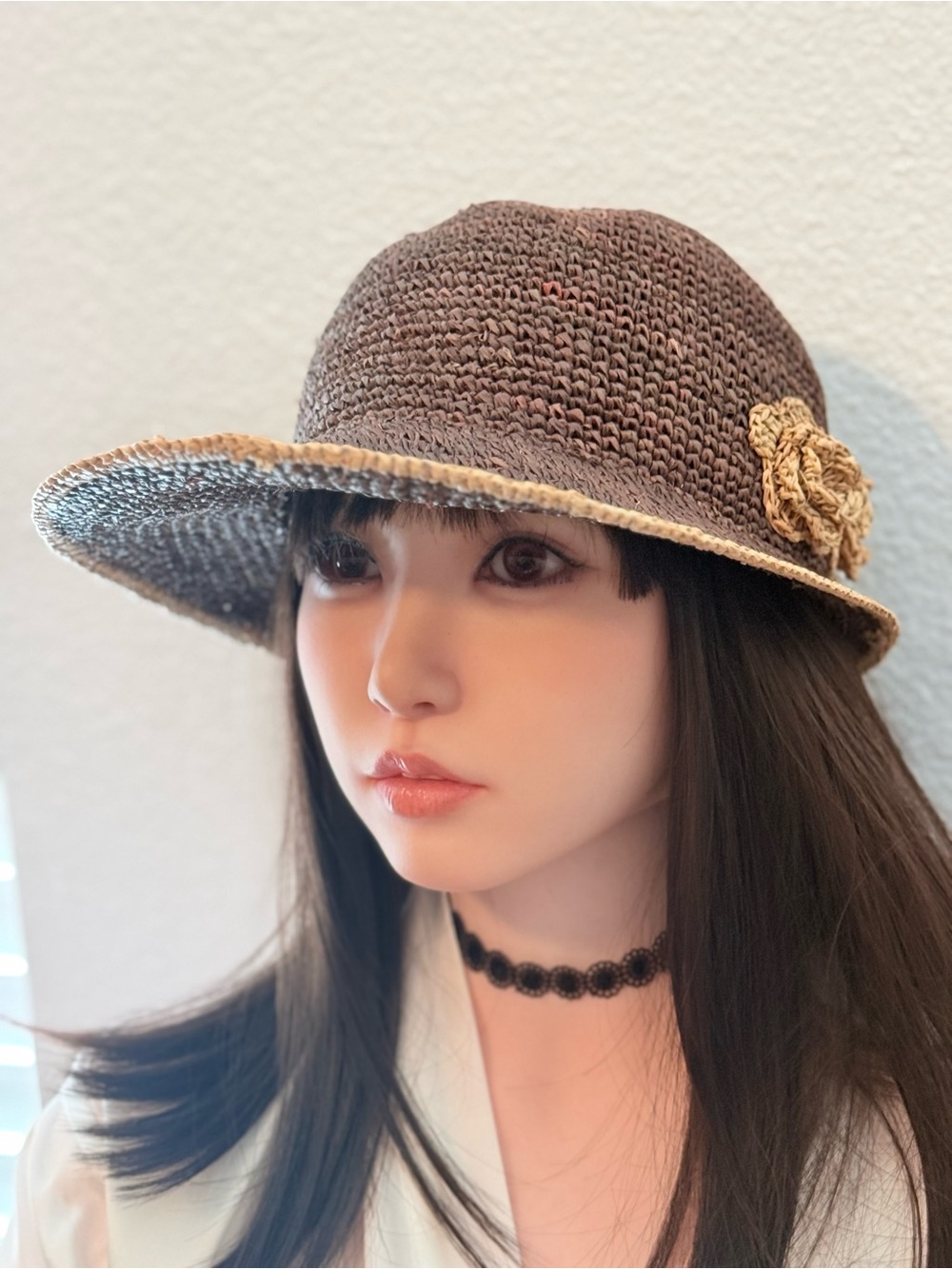 Crocheted Sunhat with Flower Trim - Brown